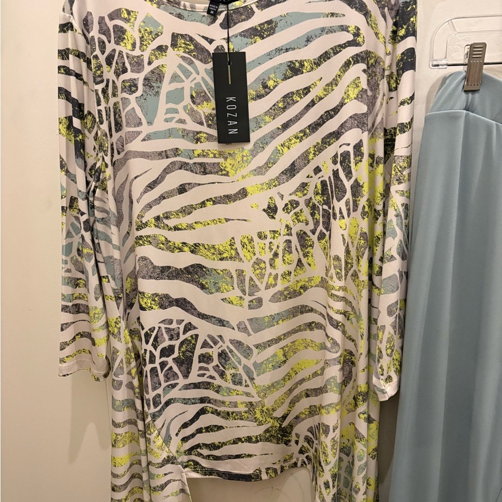 Kozan Abstract Zebra-Print Long Sleeve Top - White/Citrus/Gray NWT  M, L Turkey